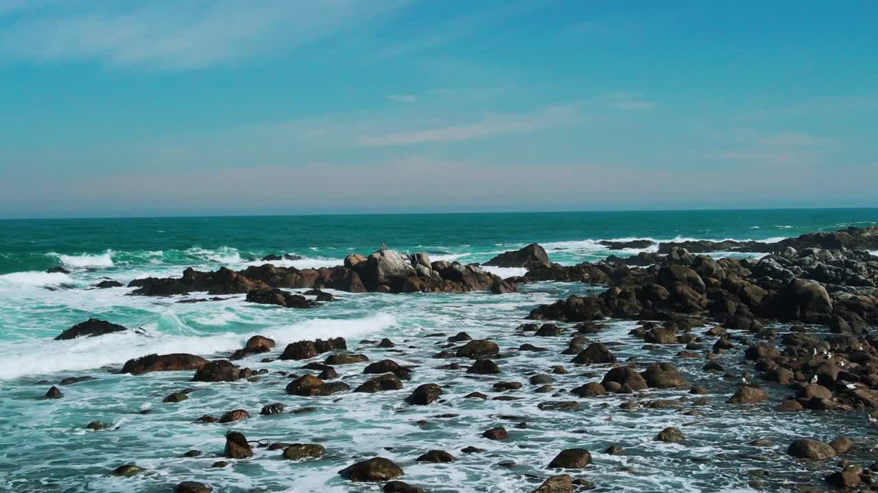 Volo a bassa quota su una costa rocciosa frastagliata con onde turchesi che si infrangono e uccelli marini che volano intorno a massi sparsi sotto un cielo azzurro limpido