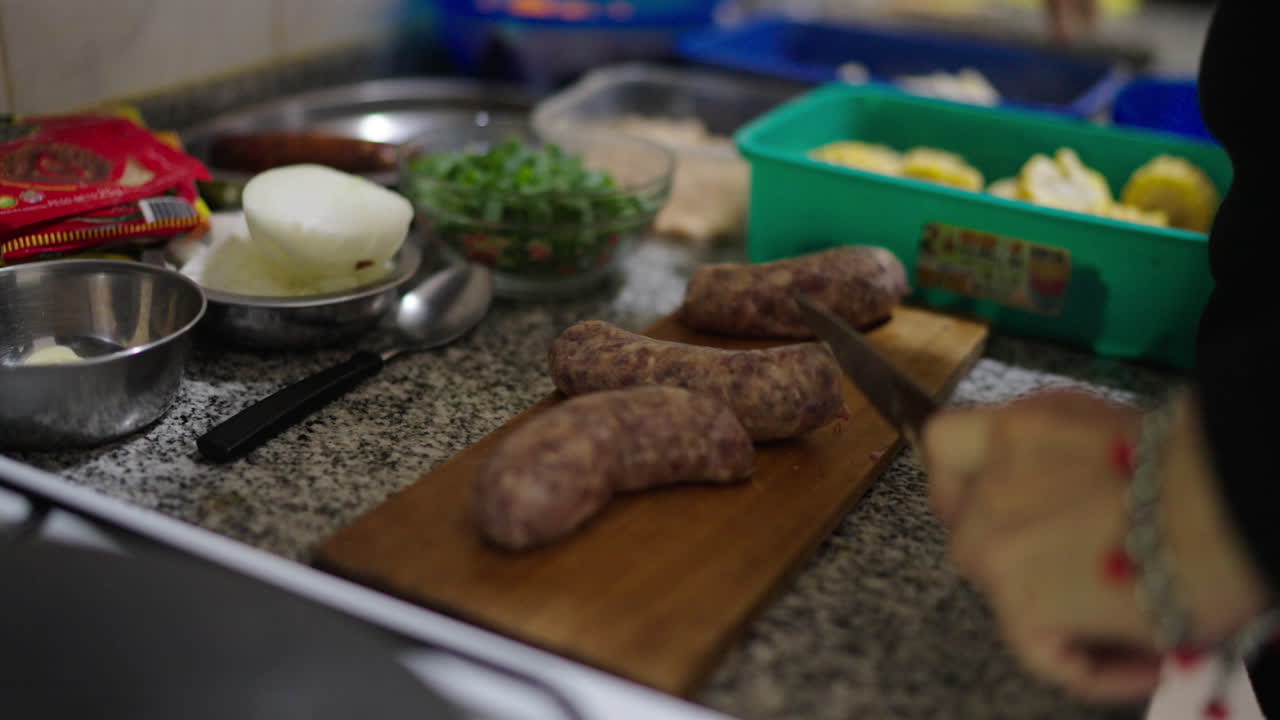 Close up of sliced sausage and other ingredients prepared for cooking Argentinian locro, home made style