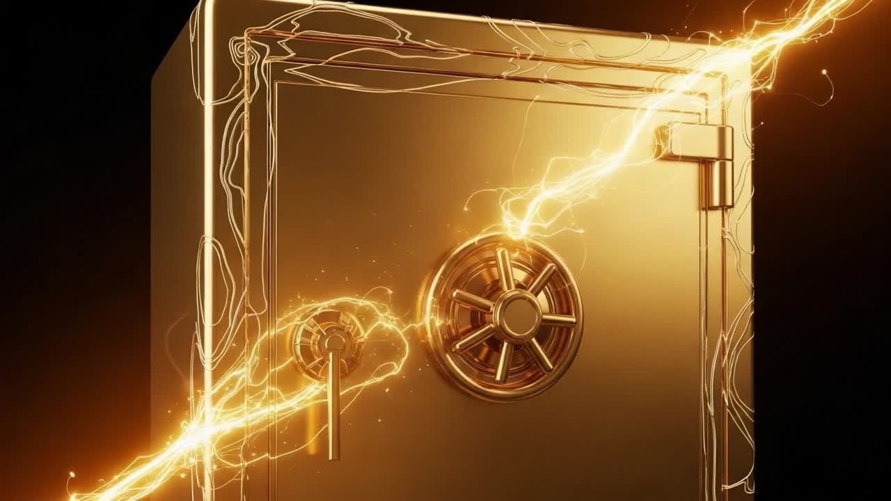 A Golden Vault Charged with Energy: Unlocking the Secrets of a Mystical Safe Surrounded by Electric Currents and Bright Visual Effects
