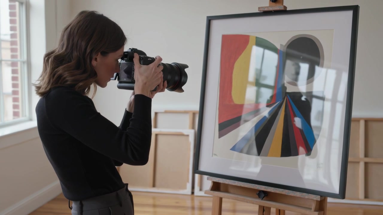 Žena v černém topu s DSLR reaguje na studiové světlo, fotografuje zarámované umělecké dílo a kontroluje obrazovku.