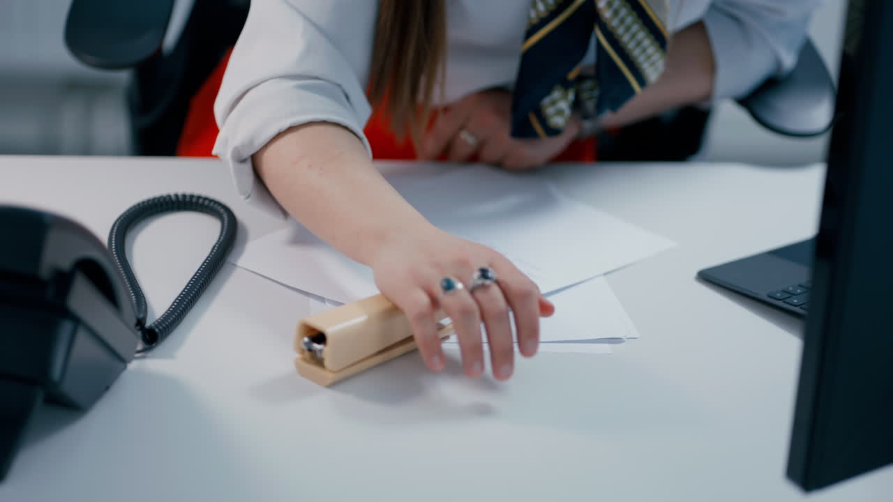 близко к руке секретаря с помощью желтого офисного сцепления, чтобы связать две бумаги вместе в медленном движении