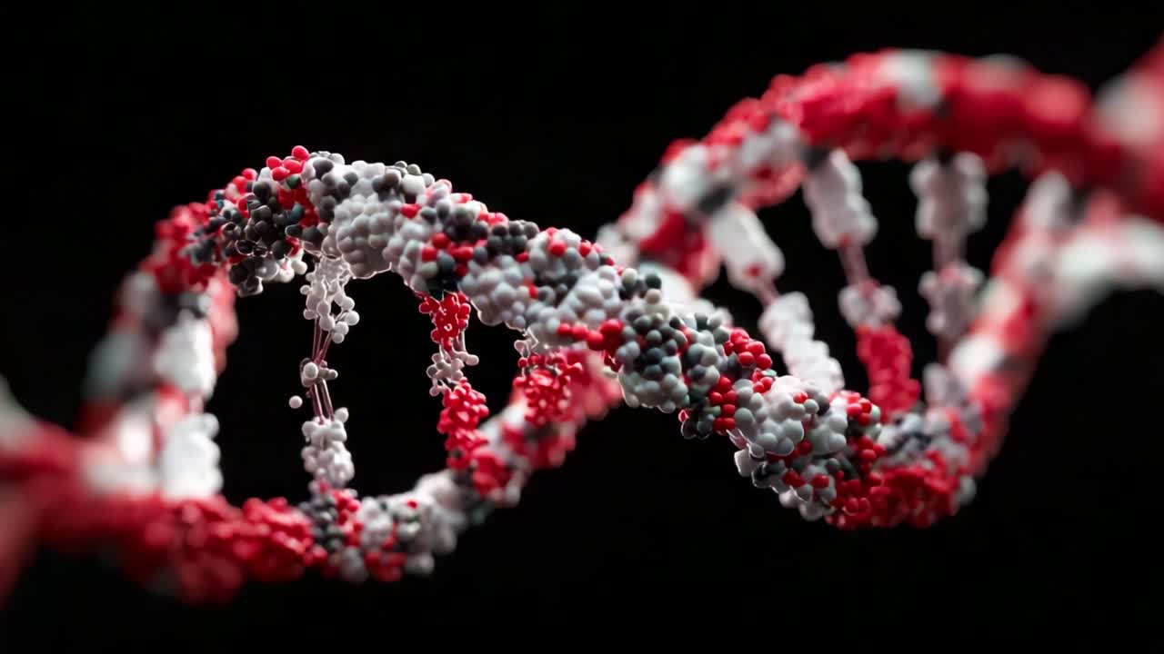 An Intricate View of a DNA Helix Showcasing the Complex Structure of Genetic Material with Red, Black, and White Molecular Components Representing the Building Blocks of Life
