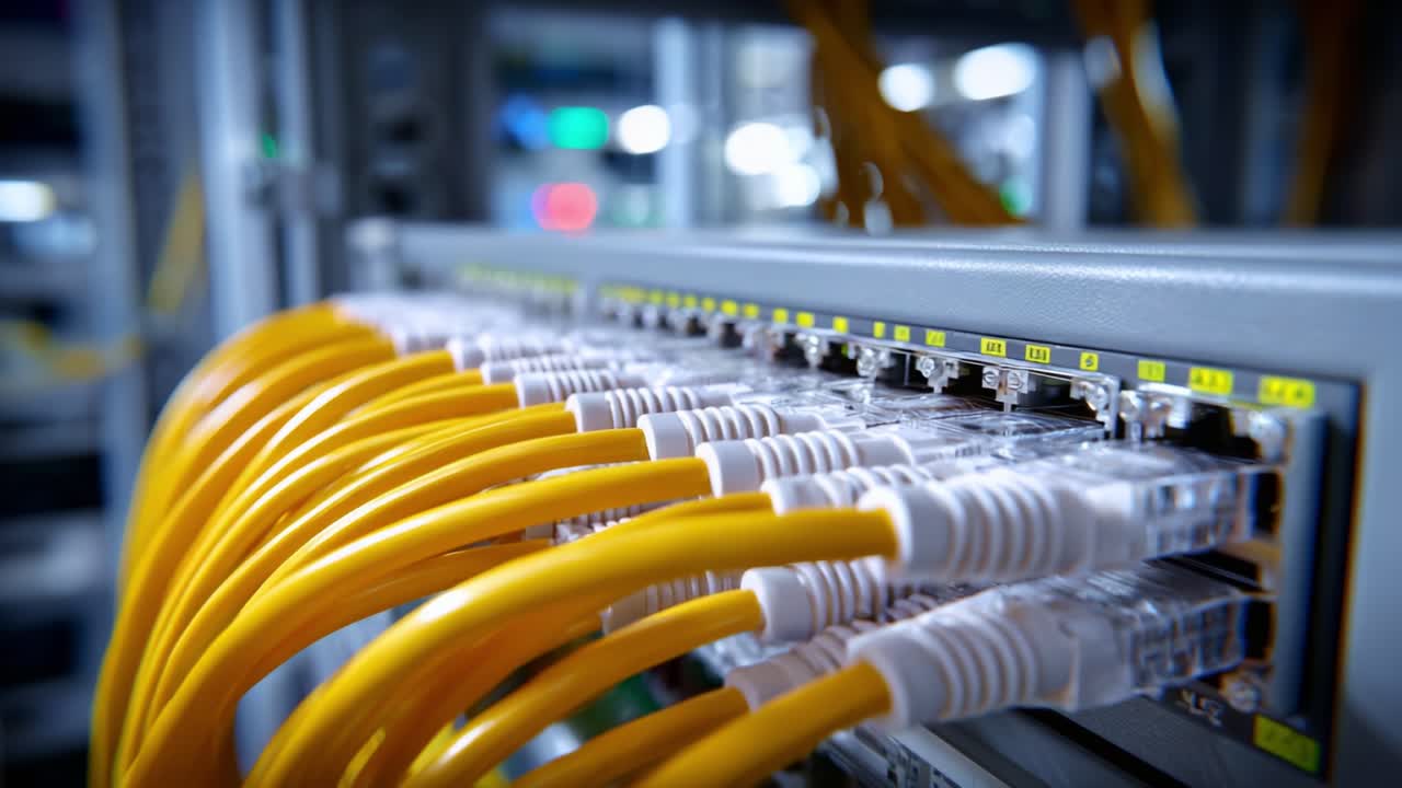 Data Center Connectivity: Close-Up on Ethernet Cables and Network Switch in Action Showcasing Essential Infrastructure for Reliable High-Speed Communication