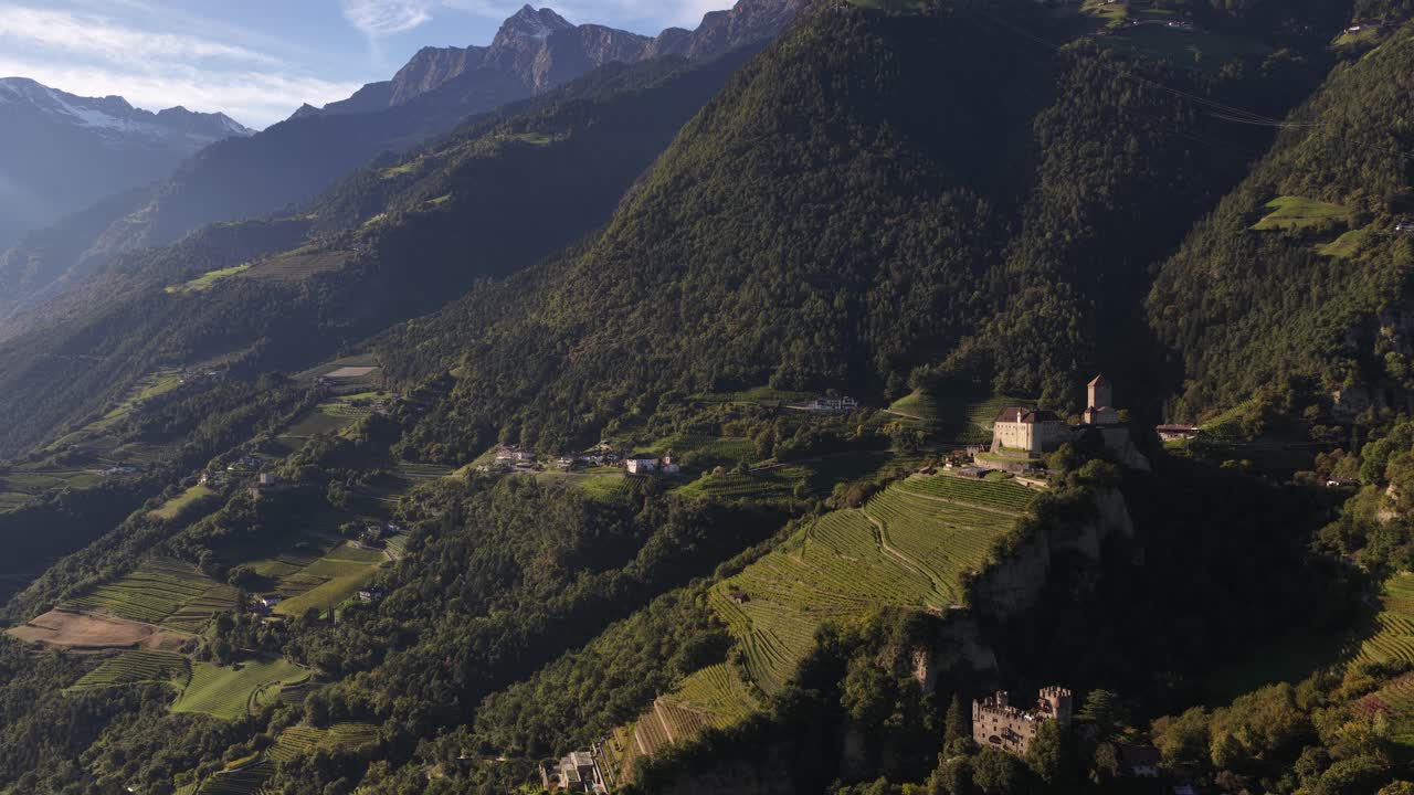 Tyrol Castle Schloss Tirol or Castel Tirolo, in South Tyrol, Italy, aerial video