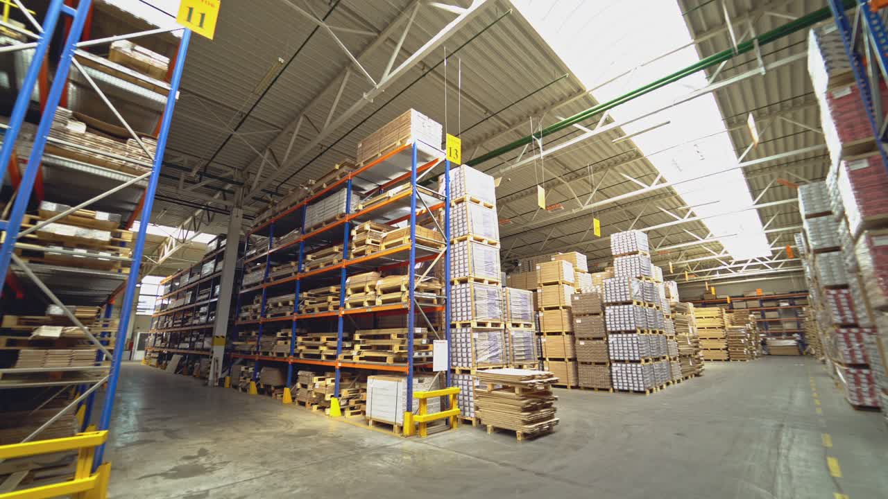 Modern industrial factory. Manufacture of flooring, parquet processing.