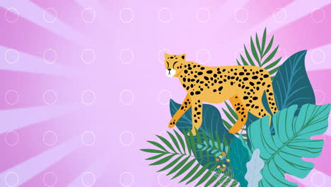 animación de leopardo y hojas de plantas tropicales sobre un fondo a rayas rosadas