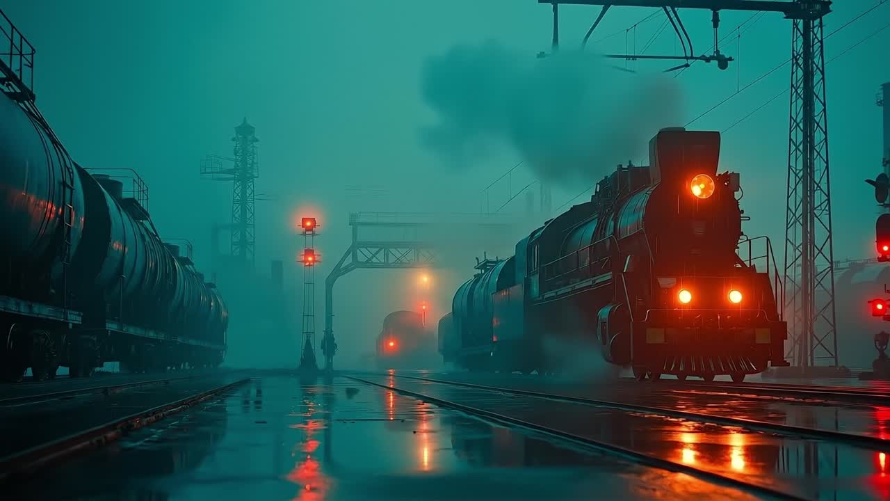 A train traveling down train tracks in the fog at night