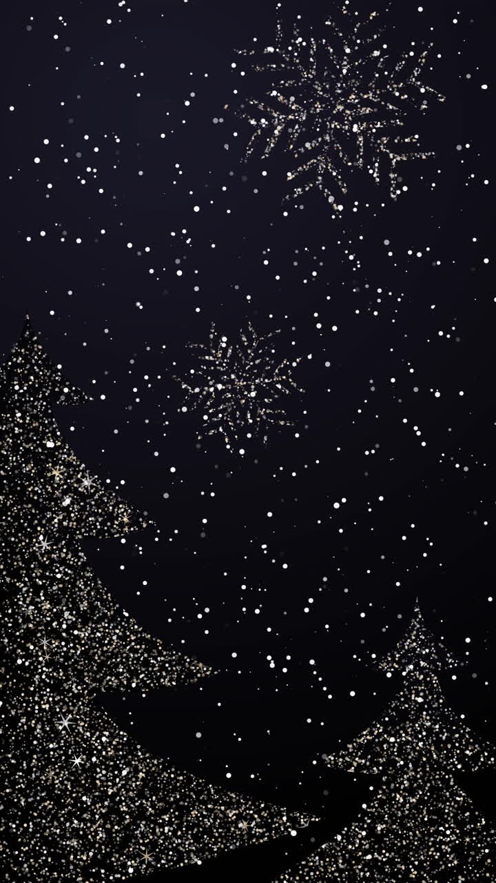 Beautiful sparkle Christmas tree of golden snowflakes on a black background. Winter loop animation for invitations. Vertical video.