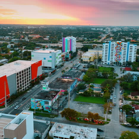 Colorful sky above the city panorama at sunset. Scenic view of Miami, Florida, USA from drone.