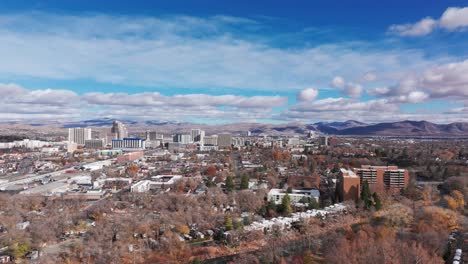 wide angle panning to the left shot of downtown reno, nevada with clouds