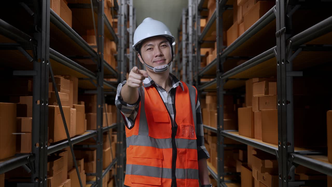 ingeniero masculino asiático con casco de seguridad de pie en el almacén con estantes llenos de mercancías de entrega. sonriendo y tocando su pecho luego apuntando a usted en el almacenamiento