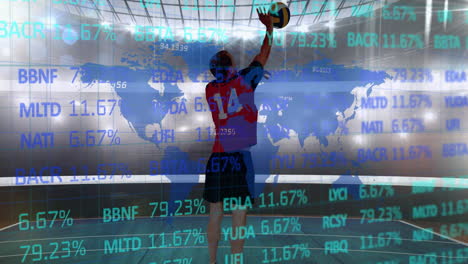 stock market data processing on world map against male volleyball player against sports stadium