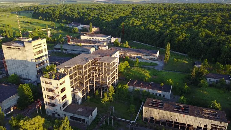 Antigos Edifícios de Fábrica Industrial. Antiga grande fábrica com porta fechada e janelas quebradas