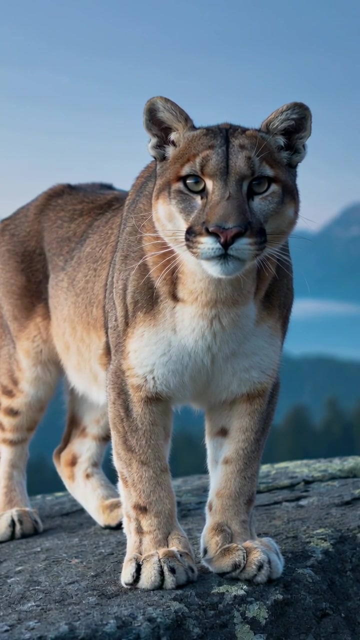 Video vertical: Cámara enfocando, puma cambiando de postura y mirando a la cámara en una cornisa rocosa, coníferas.