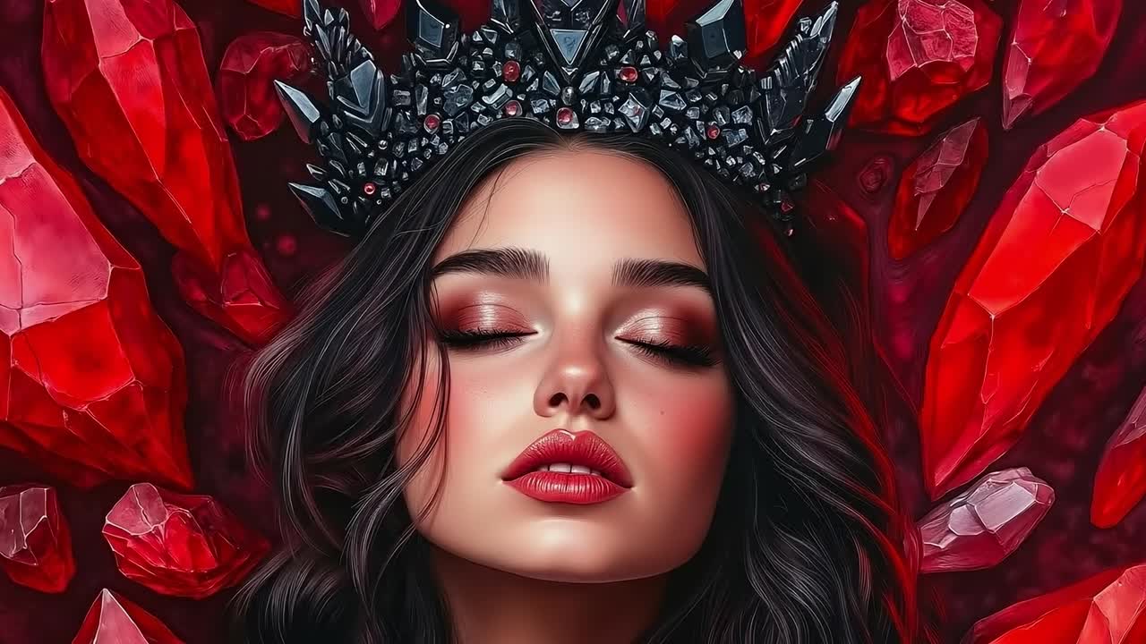 Uma mulher usando uma coroa cercada por cristais vermelhos