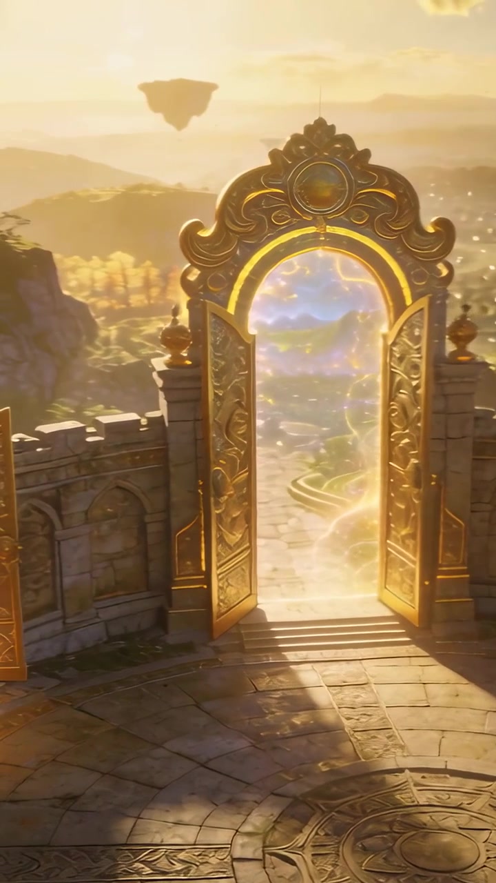 Vertical video: Panning camera revealing golden double gateway glowing on terrace revealing valley