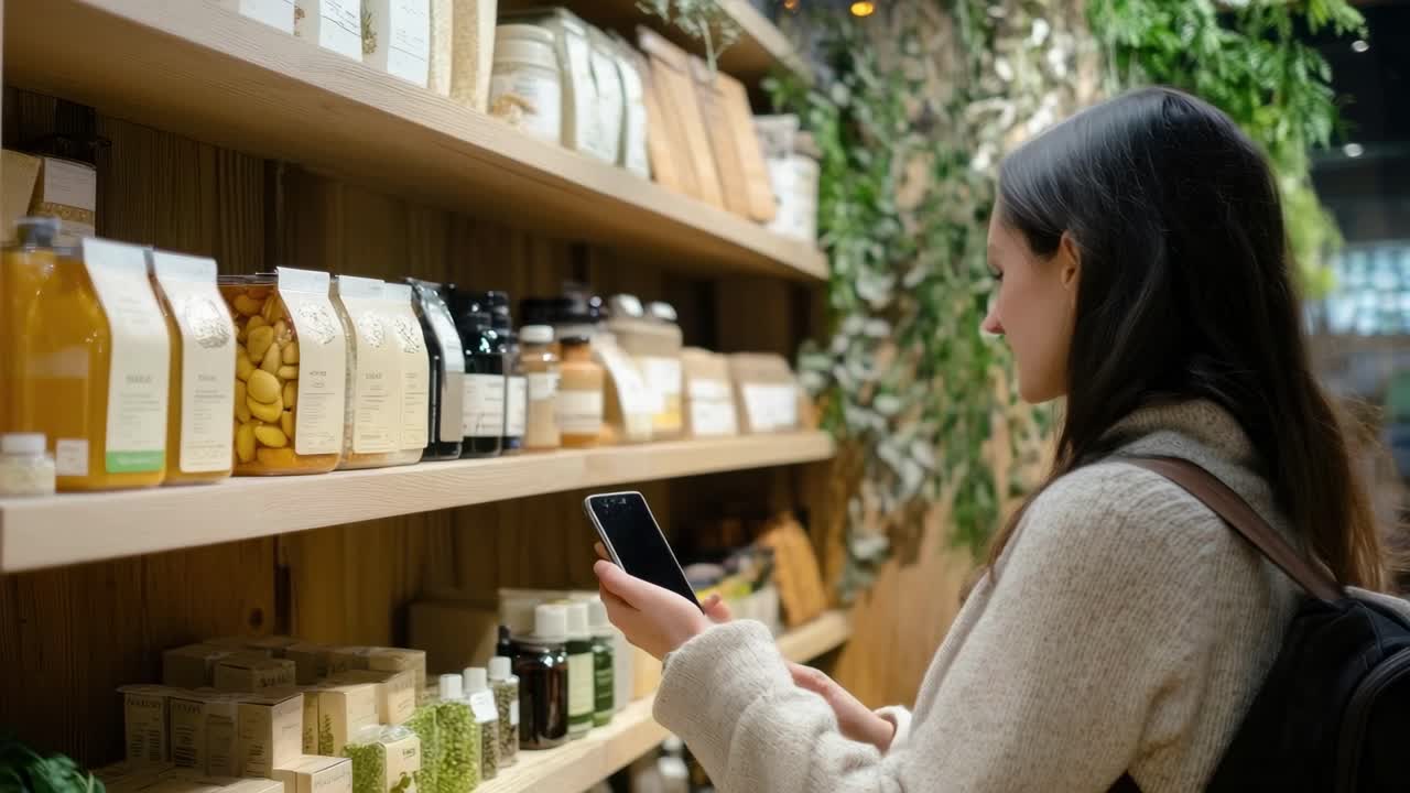 A side-angle shot of a woman shopping in an organic store, selecting products from a shelf