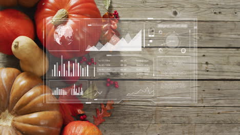 data analytics animation overlaying pumpkins and autumn leaves on wooden background