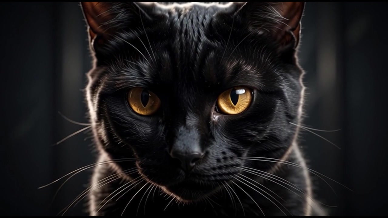 Nahaufnahme-Porträt einer schwarzen Katze mit durchdringenden bernsteinfarbenen Augen