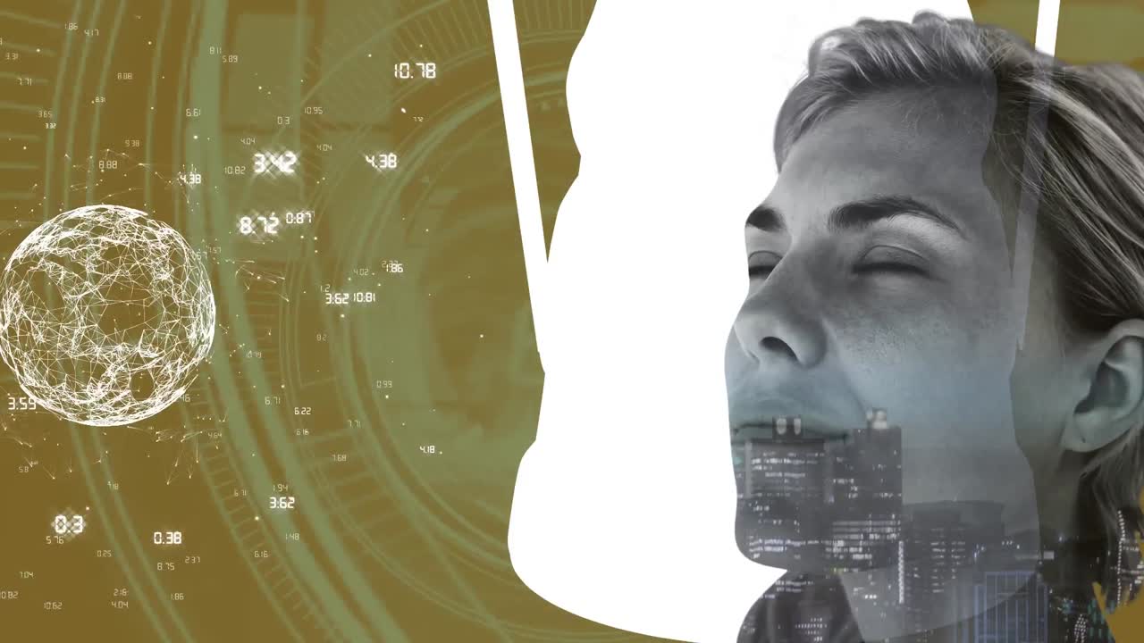 animación del globo con red de conexiones y escaneo de alcance sobre la cara de la mujer