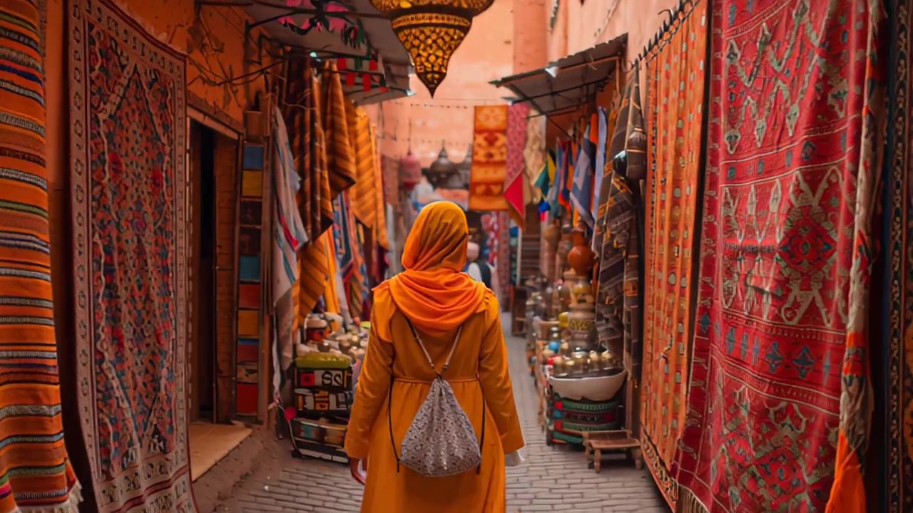 Rear view of a woman in headscarf walking through a narrow market alley lined with rugs, lanterns, and souvenirs, showcasing vibrant Middle Eastern bazaar culture