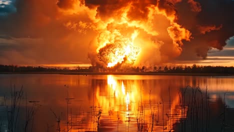 a large plume of smoke rises over a body of water