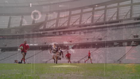 animation of data processing over rugby match in sports stadium