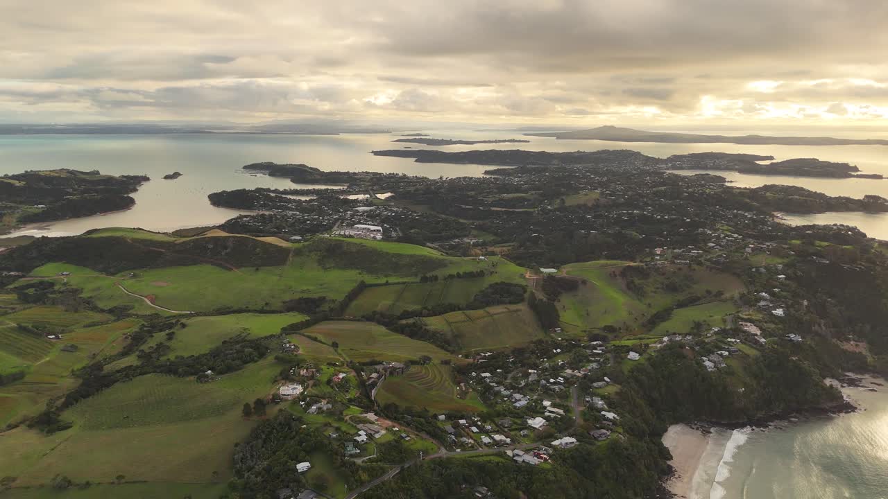 Panoramic aerial view of Onetangi Beach on Waiheke Island in New Zealand.