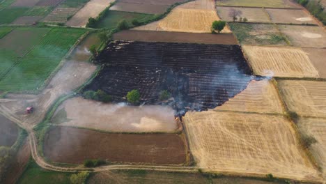 Luftaufnahme-Einer-Drohne-über-Der-Stoppelverbrennung-Von-Resten-Der-Weizenernte,-Die-In-Nordindien-Smog-Und-Starke-Luftverschmutzung-Verursacht