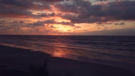 Flying-over-palm-trees-in-ocean-beach-in-beautiful-sunset-in-Brazil