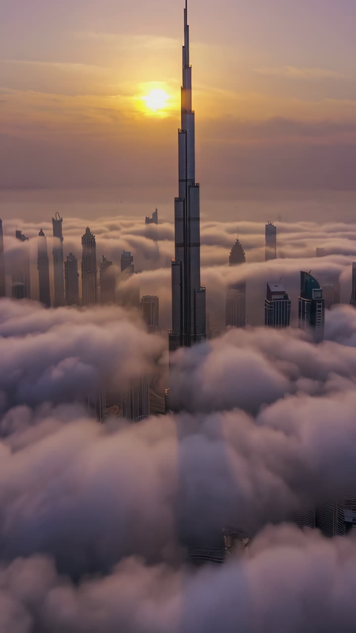 burj khalifa de dubai se erguendo acima das nuvens ao nascer e pôr do sol