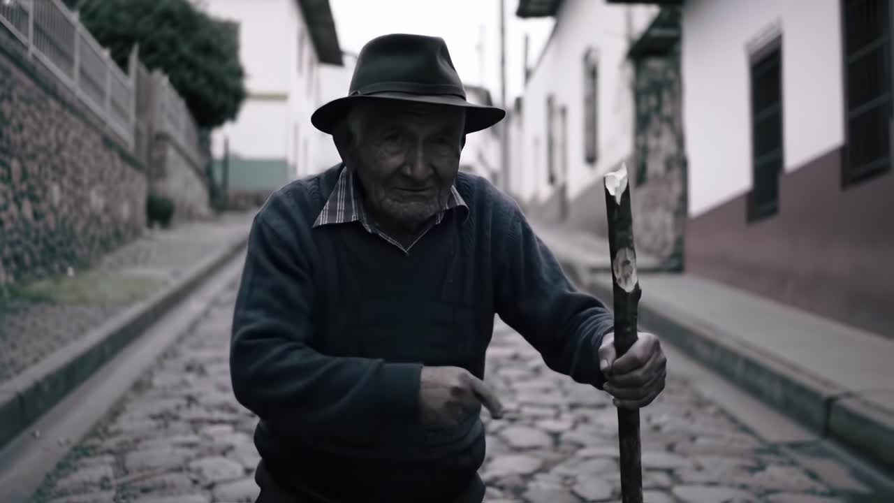 A Resilient Elderly Man Navigates the Cobblestone Path, Channeling Wisdom and Strength in Each Step Along a Quiet Street