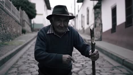 a resilient elderly man navigates the cobblestone path, channeling wisdom and strength in each step along a quiet street