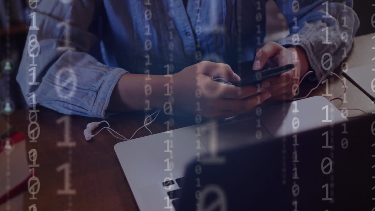 Animation of ai binary coding and data over biracial female student using smartphone