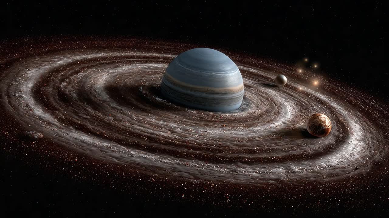 A Celestial Scene: A Stunning Visualization of a Giant Planet Surrounded by Orbiting Moons and Cosmic Dust in a Vivid Cosmic Landscape