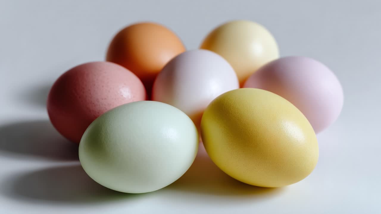 Uma Coleção Colorida de Ovos Decorados Exibidos em uma Superfície Limpa, Mostrando Tons Pastéis e Texturas, Ideal para Celebrações Festivas e Projetos de Arte