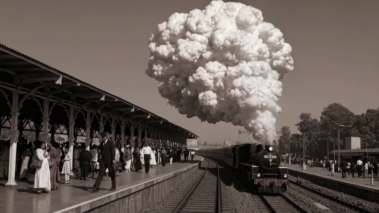 Fotogramma video in stile d'epoca di un treno a vapore che arriva in stazione, ripreso da un'angolazione bassa