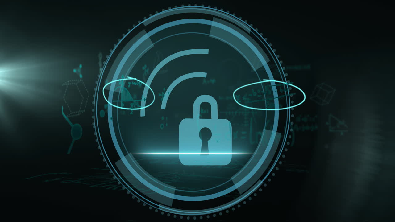 Animation of digital lock with futuristic interface and glowing blue circles