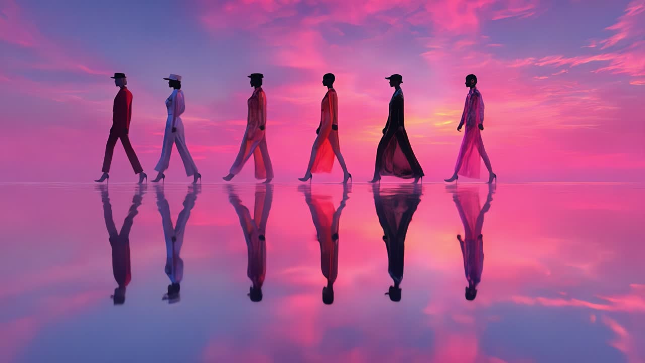 Fashion Models Walking on Water at Sunset