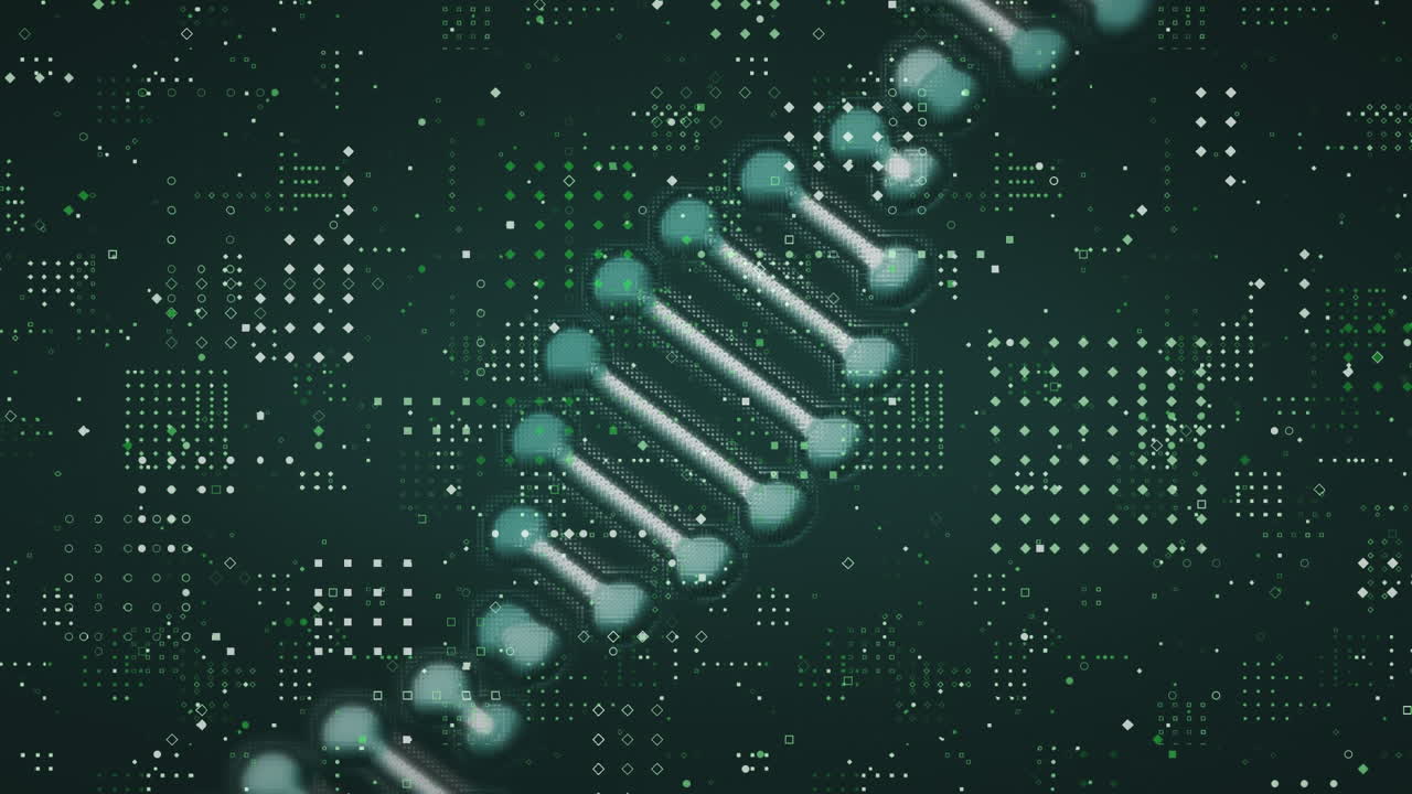 Digital animation of dna structure spinning over dots pattern design against green background