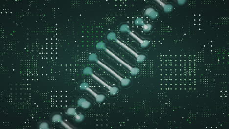 digital animation of dna structure spinning over dots pattern design against green background