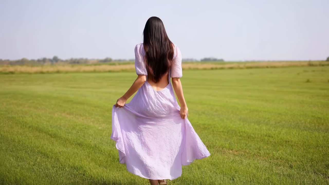 Woman in Purple Dress Walking Through a Green Field