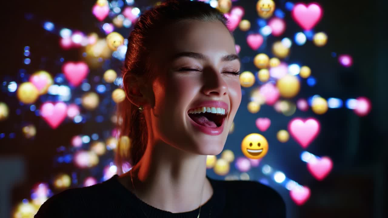A joyful young woman radiates happiness and positivity, surrounded by a vibrant display of colorful hearts and smiley emojis, capturing the essence of pure enjoyment and delight in life