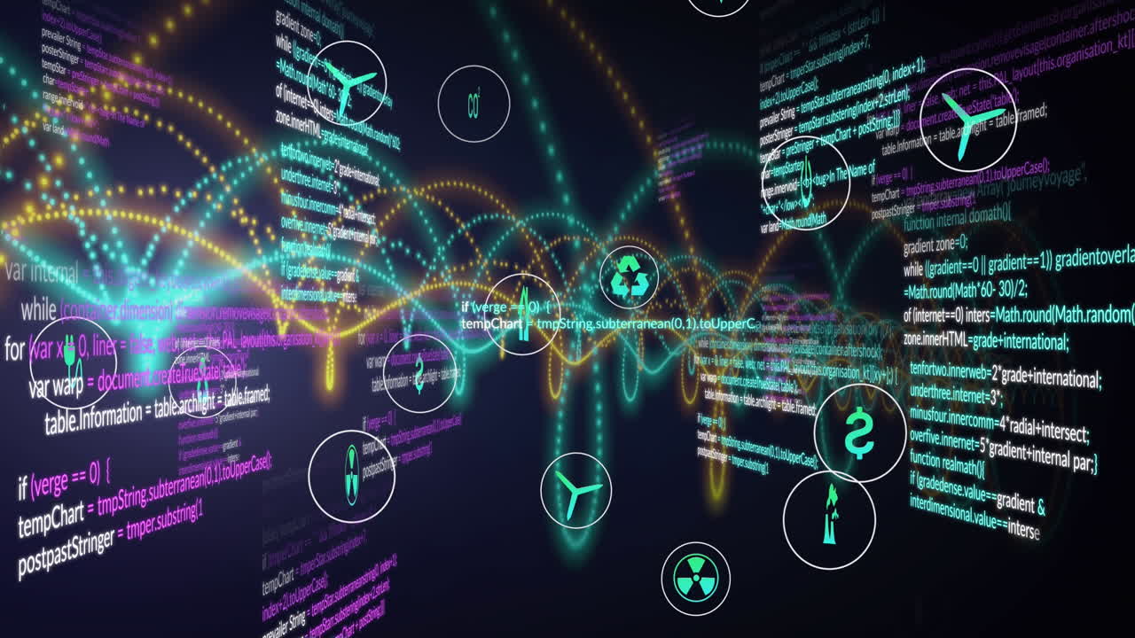 animation mehrerer digitaler symbole und datenverarbeitung vor schwarzem hintergrund