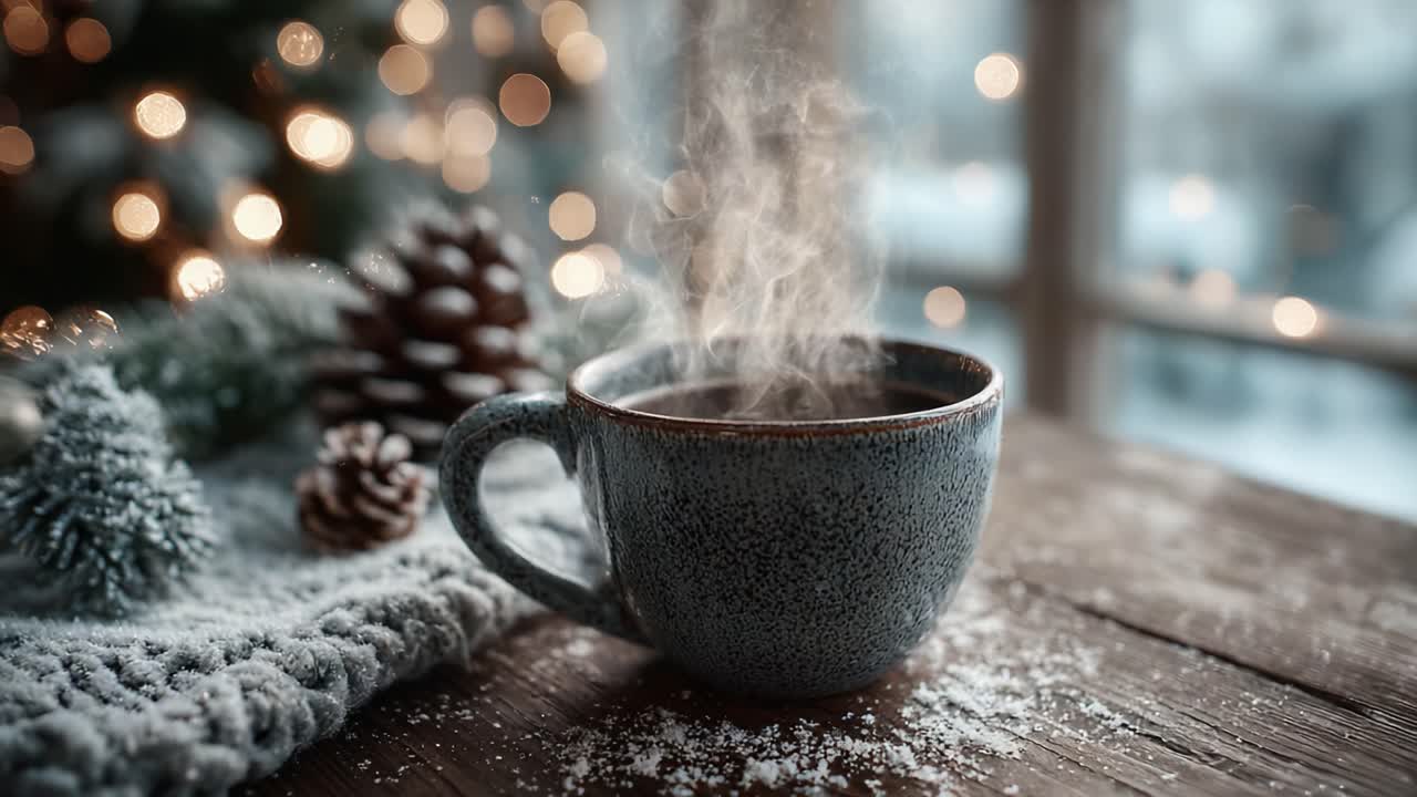A Cozy Winter Beverage: A Steaming Cup of Hot Coffee Surrounded by Snow, Pinecones, and Holiday Lights, Evoking Warmth and Comfort During the Cold Season