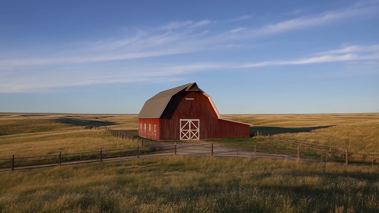 A red barn in a rural landscape