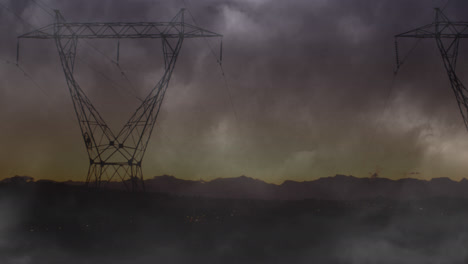 animación de una tormenta con relámpagos rosados y nubes grises sobre pilares eléctricos