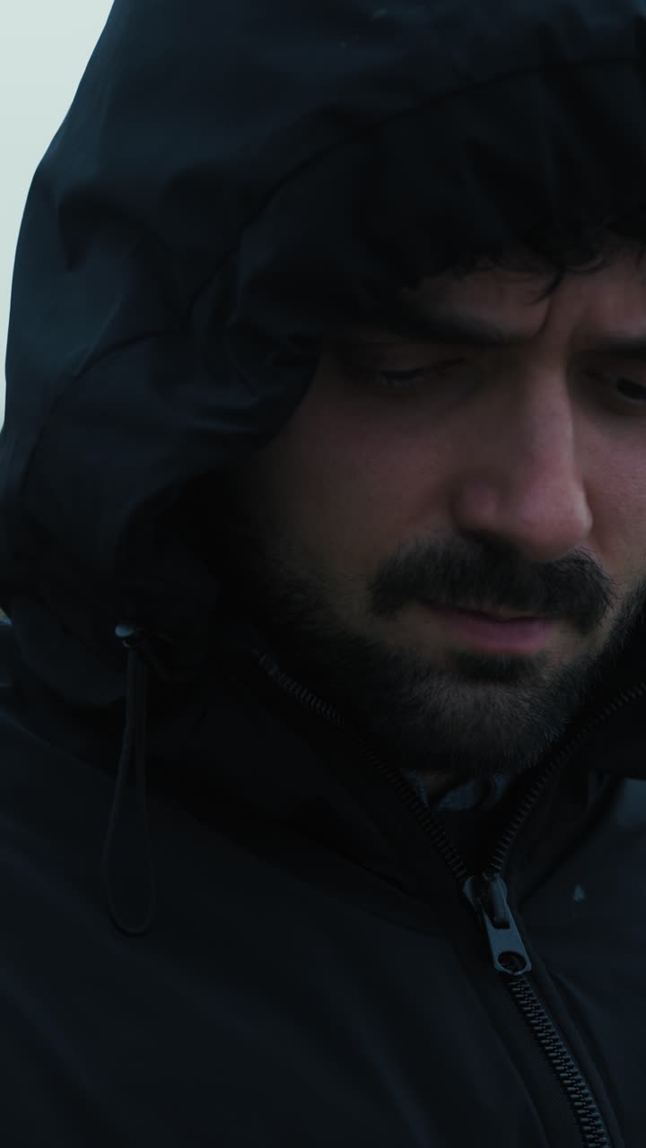 Worried And Sad Man With Hoodie Outdoors, Close Up