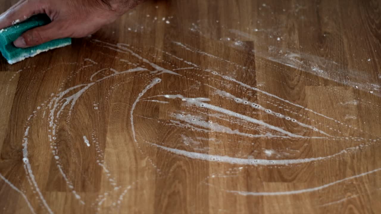 강렬한 클로즈업 청소: 슬로우 모션 테이블 스크러빙 스폰지 - 4k  ⁇