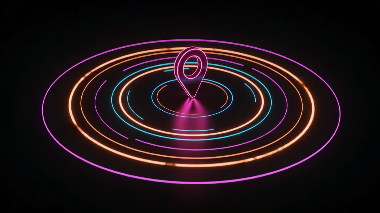 Vibrant Neon Representation of a Location Pin Surrounded by Colorful Circular Patterns on a Dark Background, Symbolizing Navigation and Connectivity